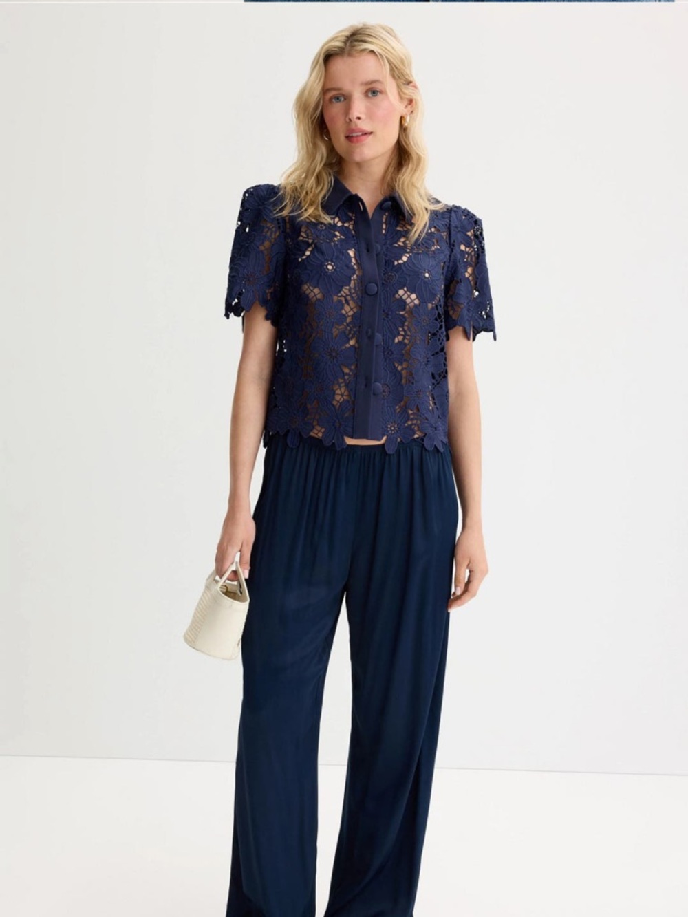 Milly Navy Blue Lace Short-Sleeve Button-Up Top